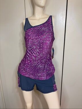 Free Country Pink and Magenta Animal Print Tankini Top with Dark Gray Shorts NWT